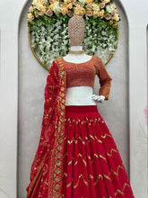 Load image into Gallery viewer, Lovely Red Color Faux Georgette Heavy Embroidered Semi Stitched Lehenga Choli
