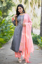 Load image into Gallery viewer, Grey Pink Combination Slub Rayon Full Stitched Set With Real Mirror Work  in All Size
