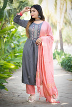 Load image into Gallery viewer, Grey Pink Combination Slub Rayon Full Stitched Set With Real Mirror Work  in All Size
