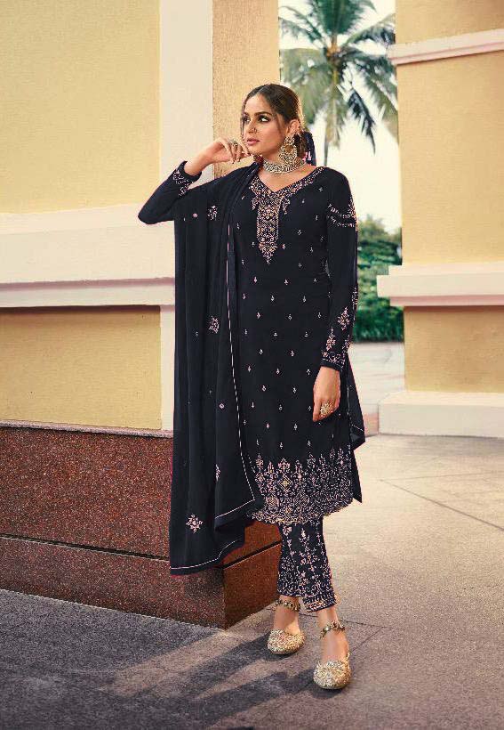 Spunky Georgette With Thread Embroidery Work & Stone Work Straight Cut Slawar Suit