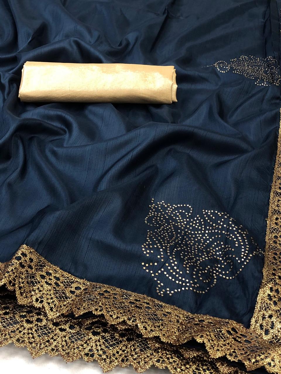 Pleasant Wear Navy Blue Color Designer Diamond Fixed Butta Copper Chifly Silk Embroidered Lace Work Saree Blouse For Women