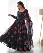Load image into Gallery viewer, Beautiful Black Color Soft Organza Silk Printed Full Stitched Anarkali Gown Set
