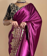 Load image into Gallery viewer, Wine Color Smooth Satin Silk Handwork Designer Saree
