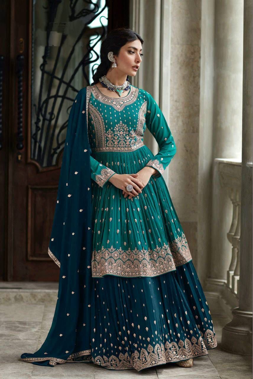 Firozi Color Full Stitched Georgette Sharara Suit For Women