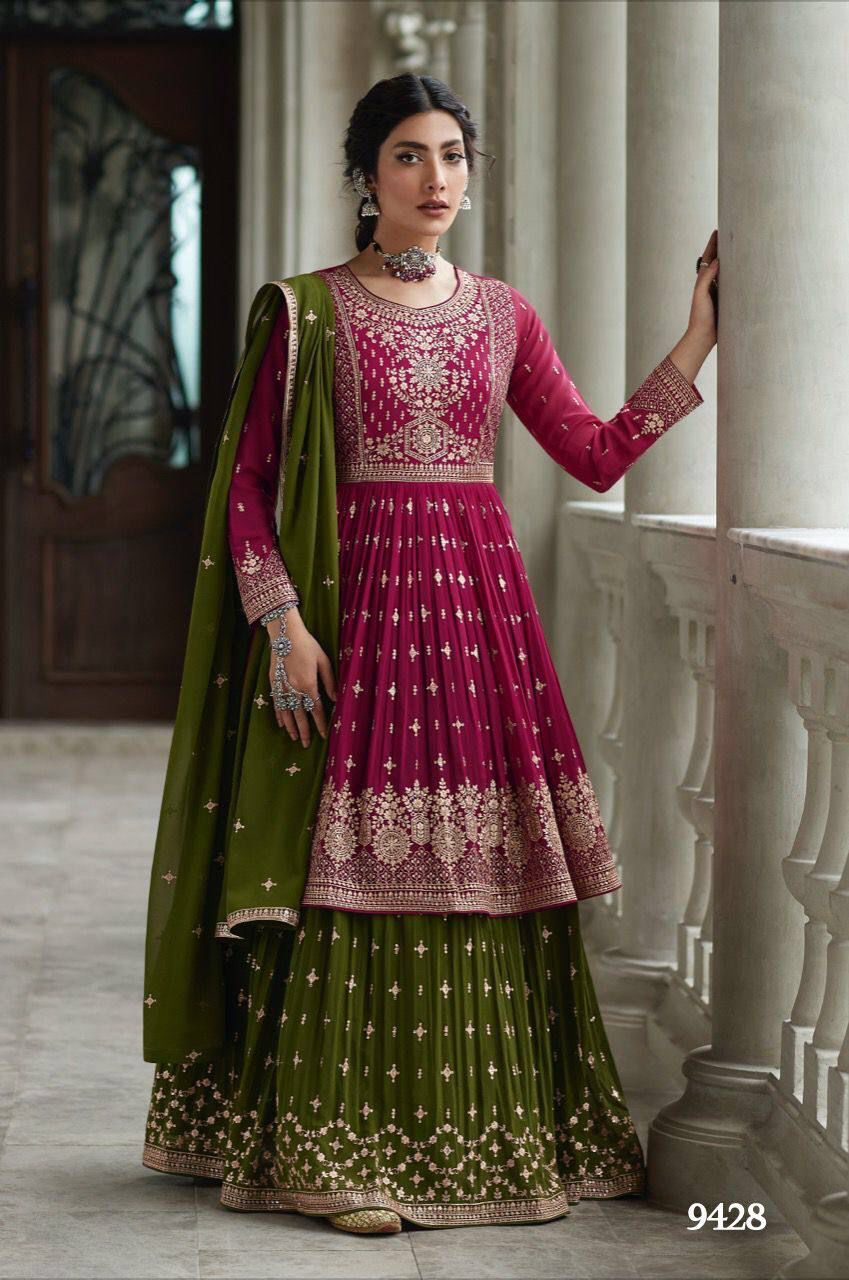 Pink Green Combination Full Stitched Georgette Sharara Suit