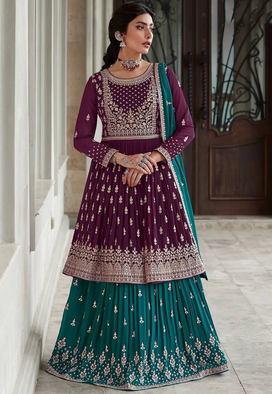 Wine Firozi Color Full Stitched Georgette Sharara Suit For Women