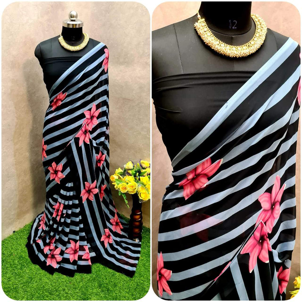 Splendid Black Color Party Wear Georgette Designer All Over Sibori Printed Beautiful Saree Blouse