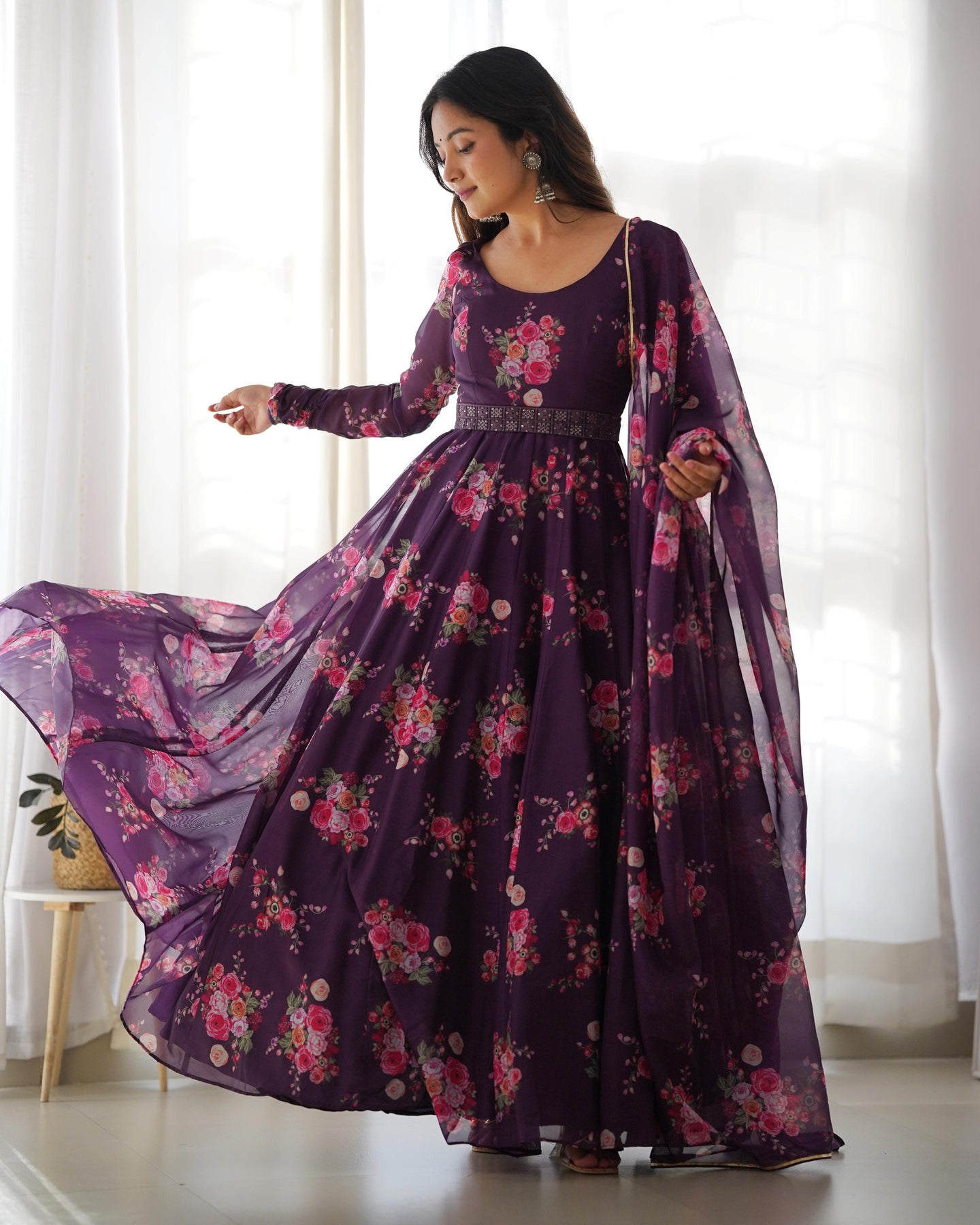 Function Wear Wine Color Printed Fully Stitched Anarkali Designer Gown