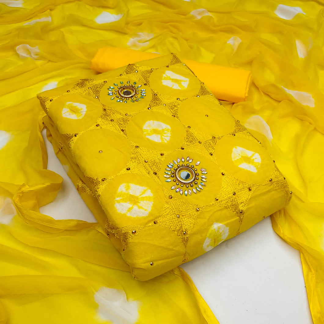 Smashing Yellow Color Mirror Hand Work Cotton Salwar Suit For Women